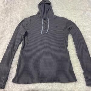 RVCA Henley Men’s Large Blue Gray Striped Thermal Hooded Shirt Long Sleeve